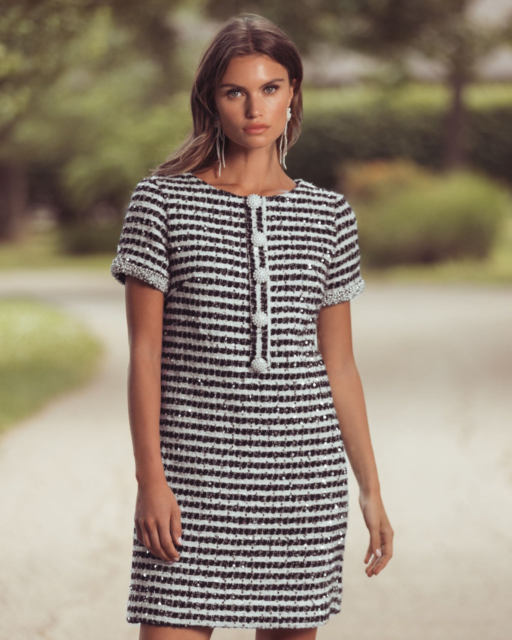 Black White Striped Button Up Boucle Mini Dress