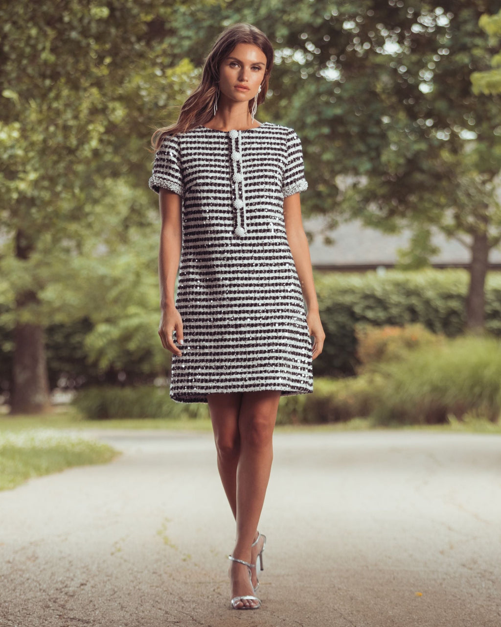 Black White Striped Button Up Boucle Mini Dress