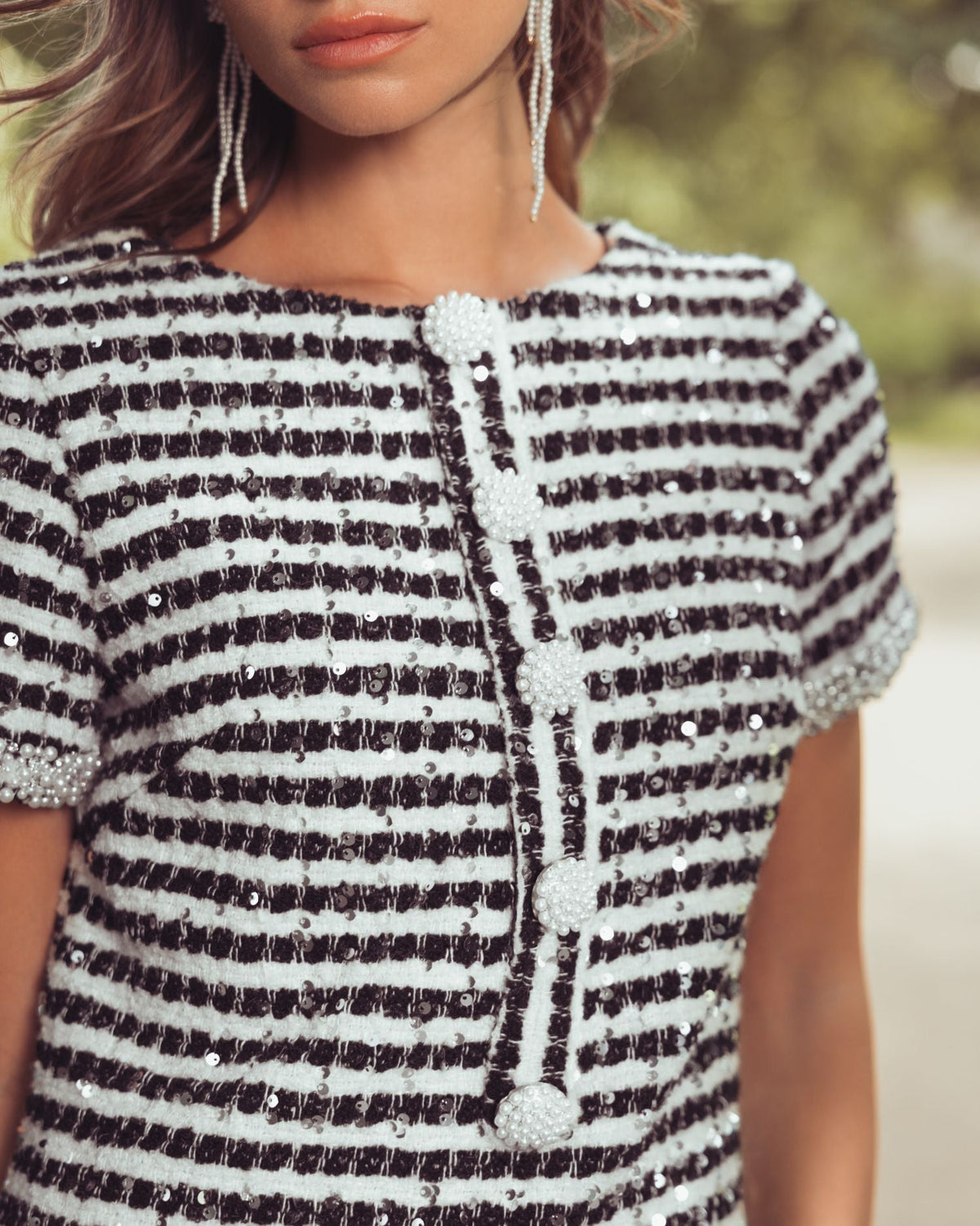 Black White Striped Button Up Boucle Mini Dress