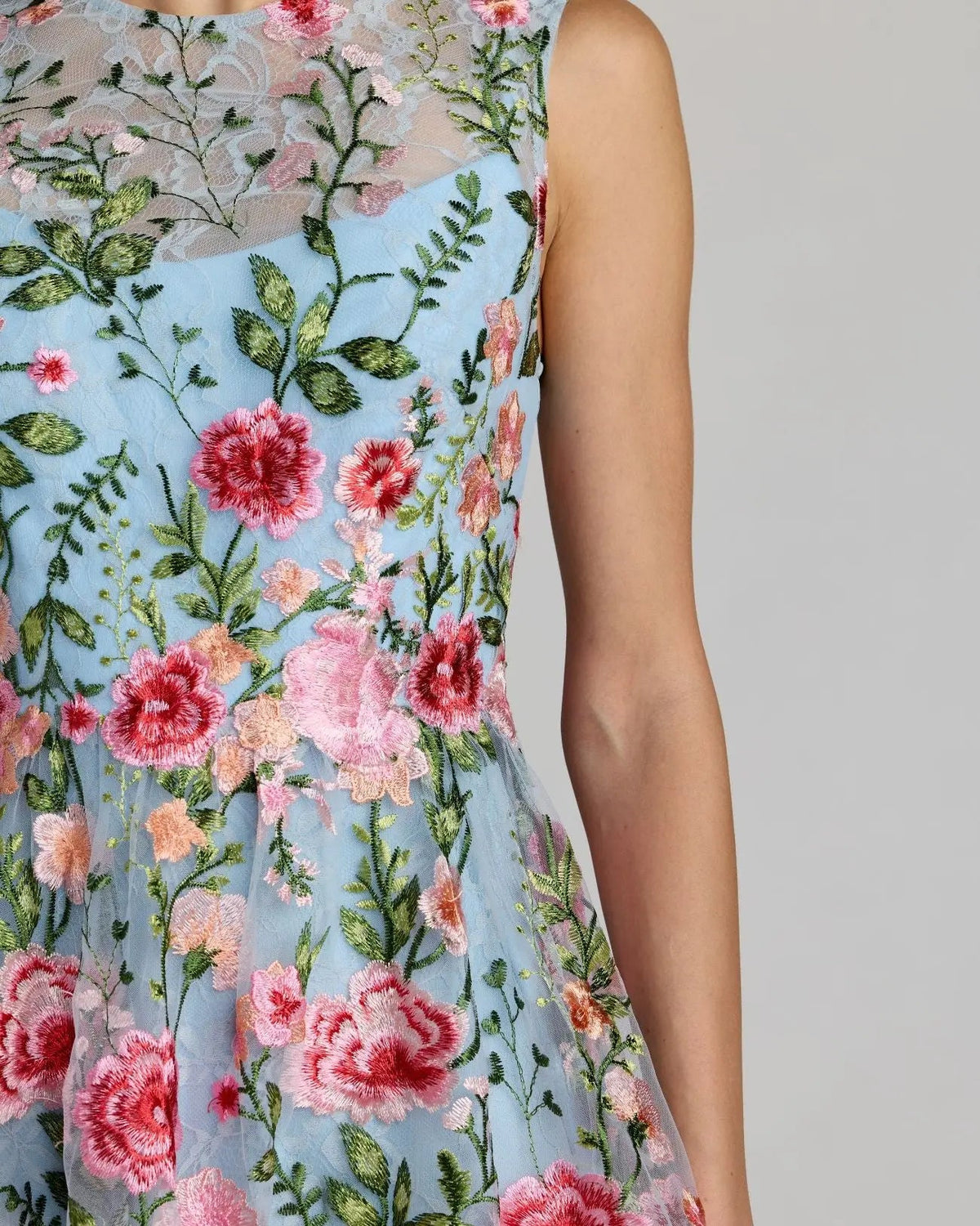 Blue Floral Embroidered Sleeveless A-Line Mini Dress