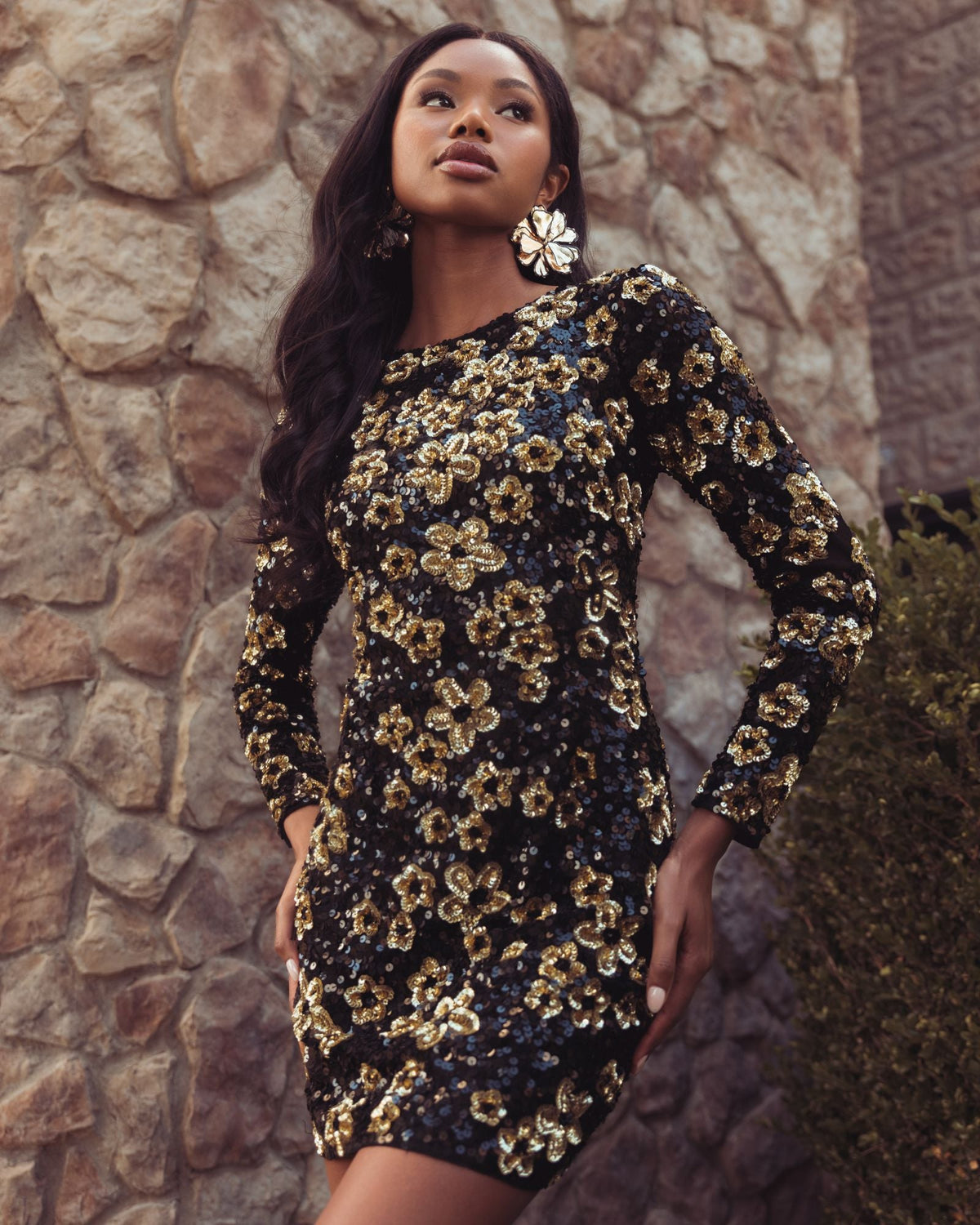 Black Gold Floral Sequin Mini Dress