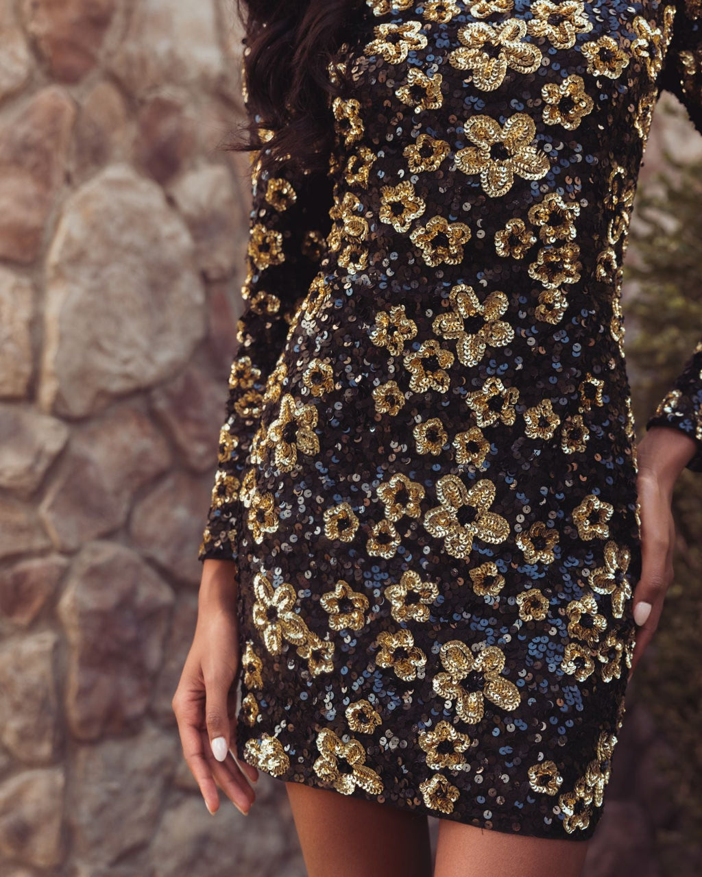Black Gold Floral Sequin Mini Dress