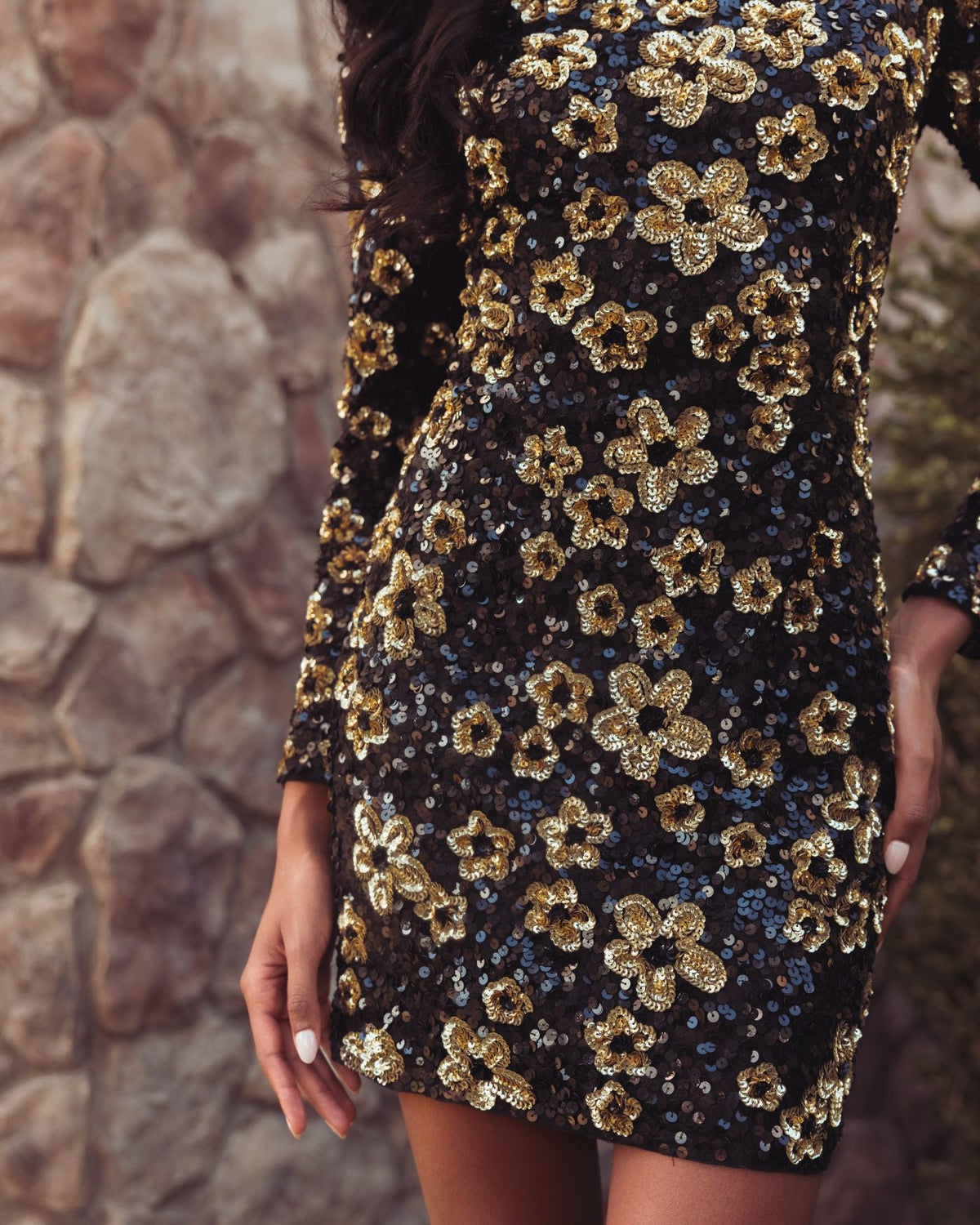 Black Gold Floral Sequin Mini Dress