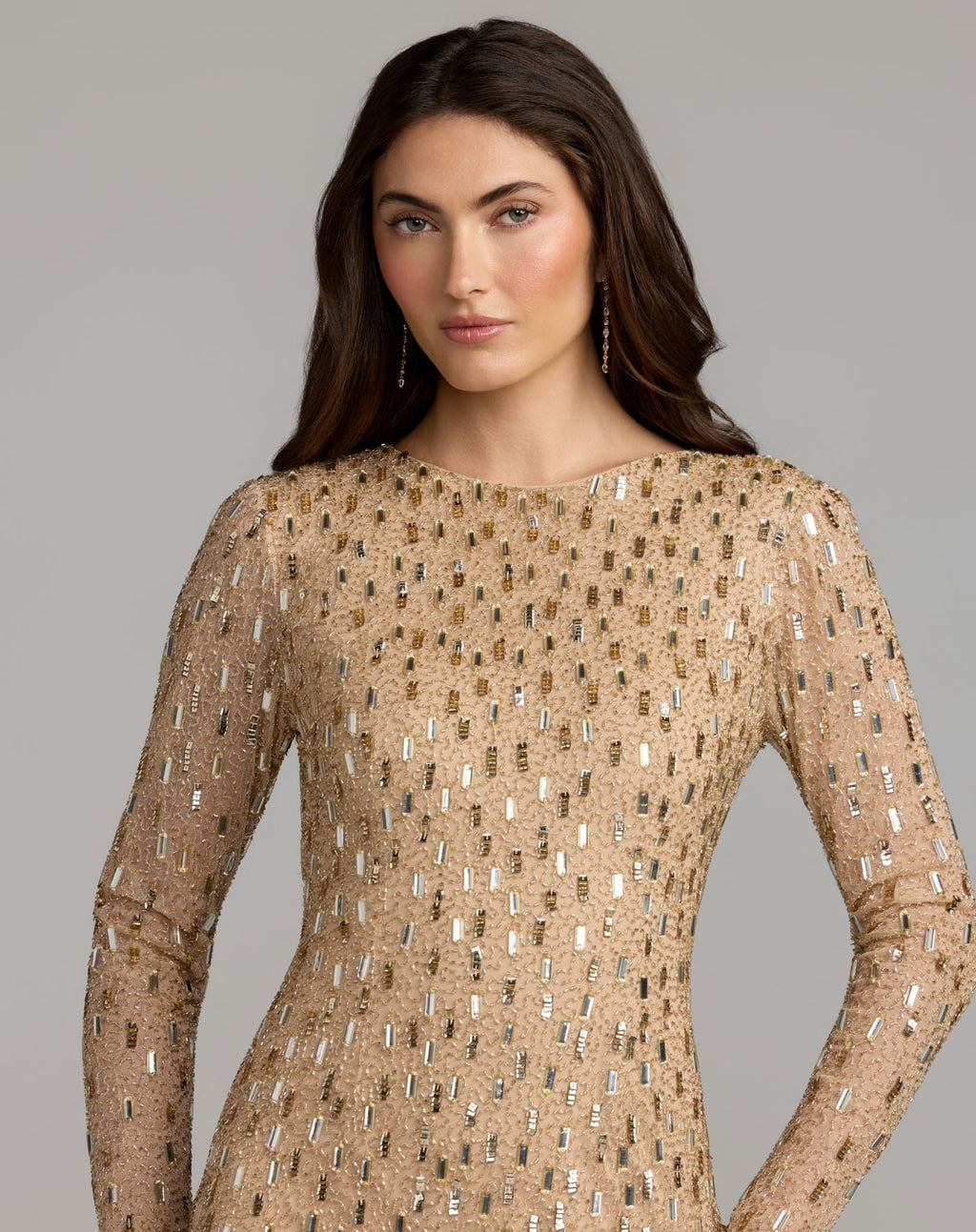 Nude Embellished Long Sleeve Fringe Mini Dress