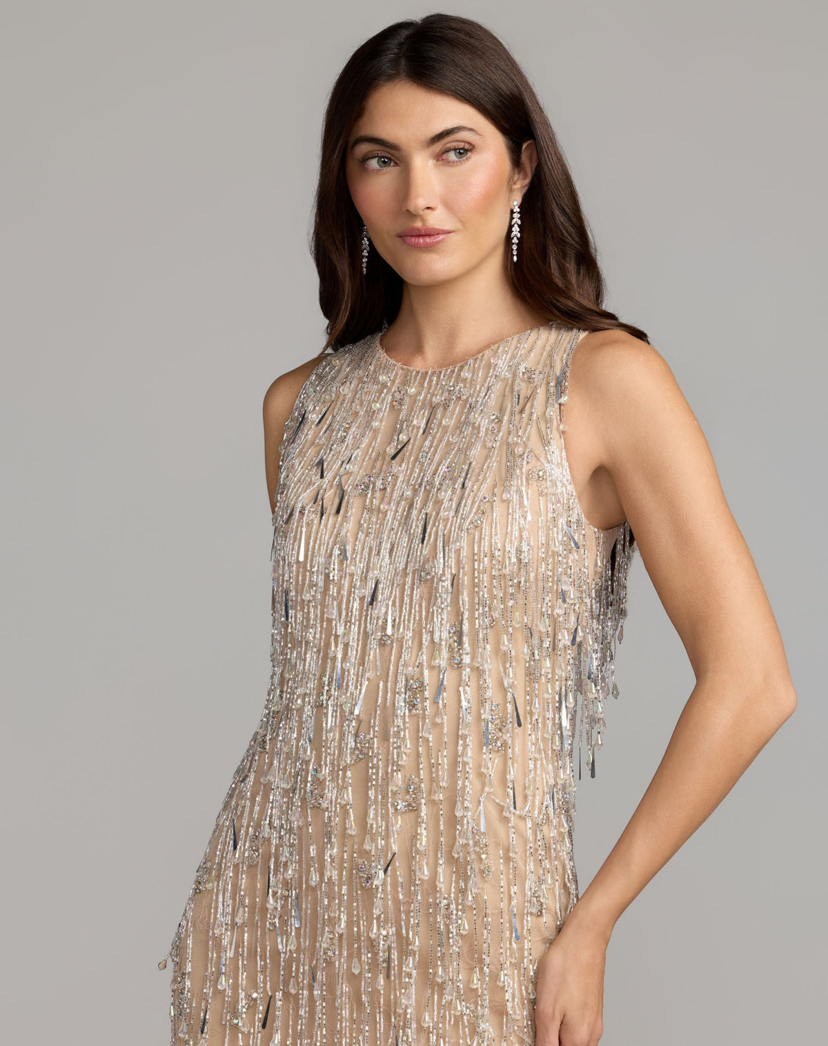 Nude Beaded Fringe Sleeveless Mini Dress