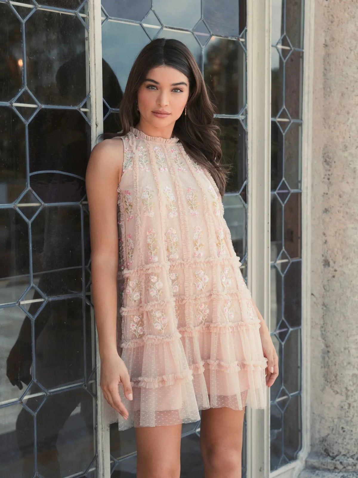 Beige Sleeveless High Neck Beaded Ruffle Mini Dress