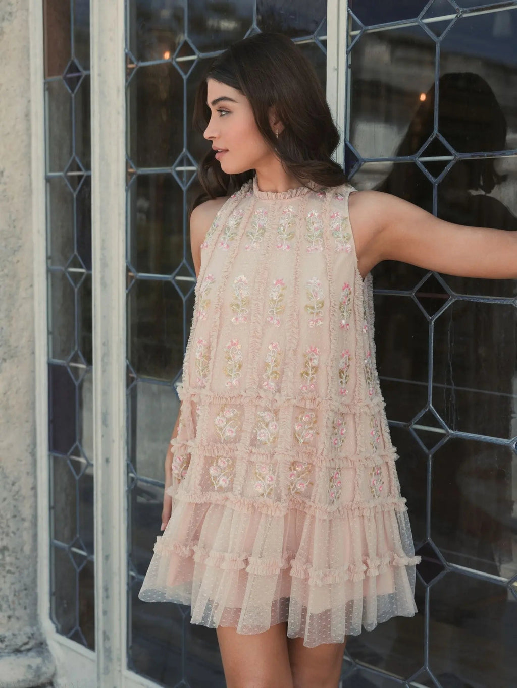 Beige Sleeveless High Neck Beaded Ruffle Mini Dress