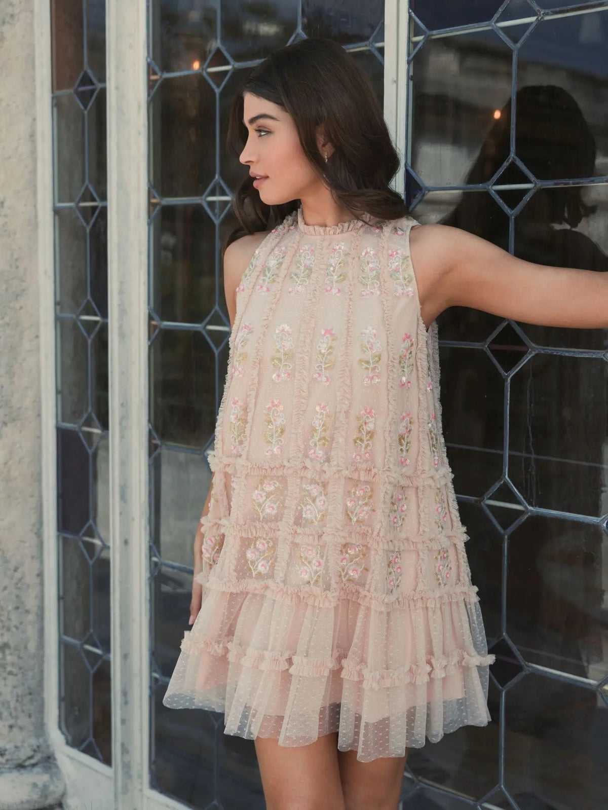 Beige Sleeveless High Neck Beaded Ruffle Mini Dress