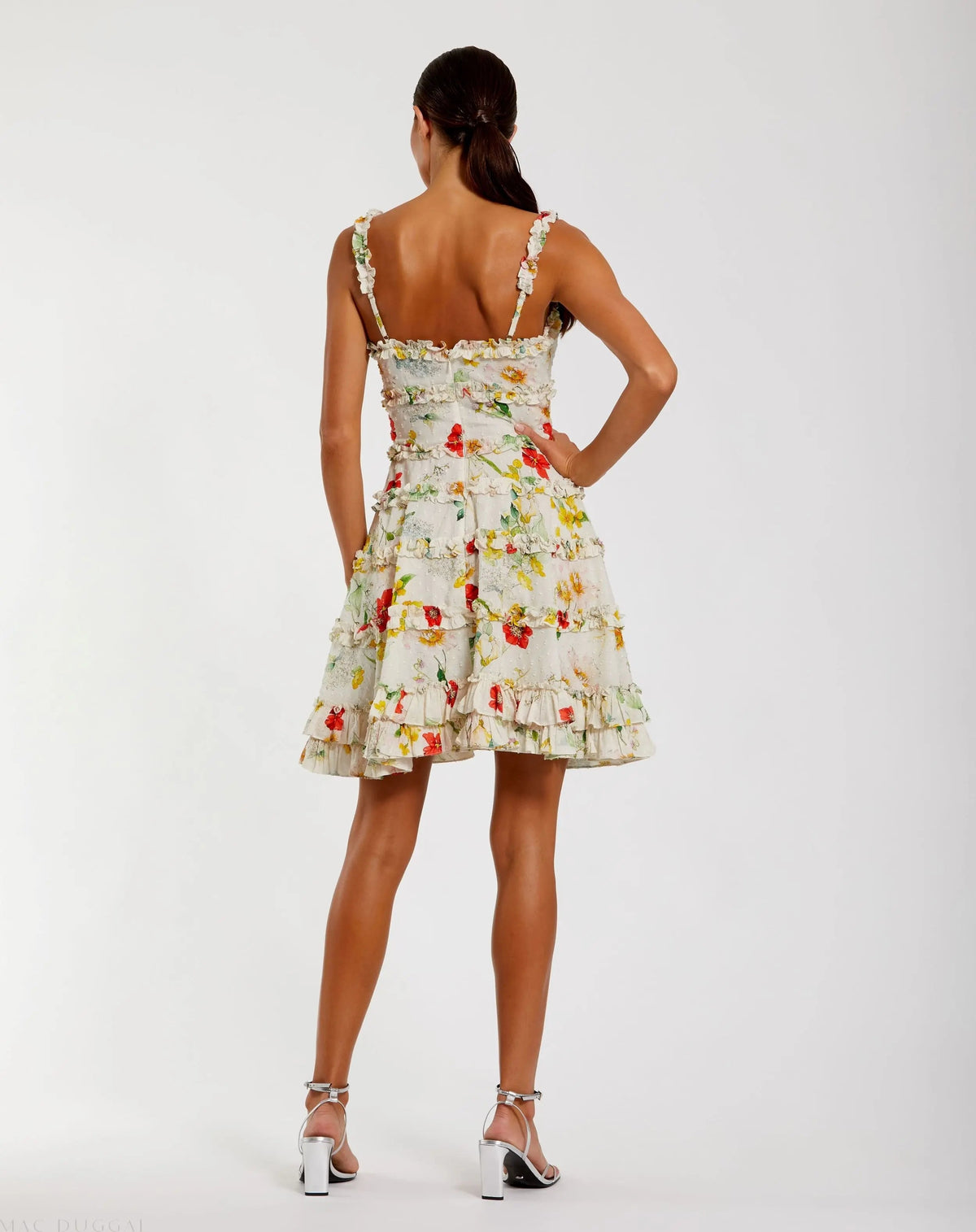 Ivory Floral Square Neck Ruffle Mini Dress