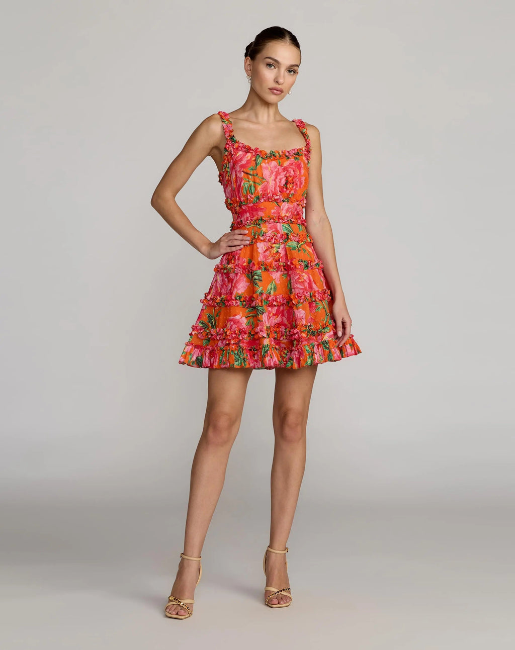 Orange Multi Floral Square Neck Ruffled Cotton Mini Dress