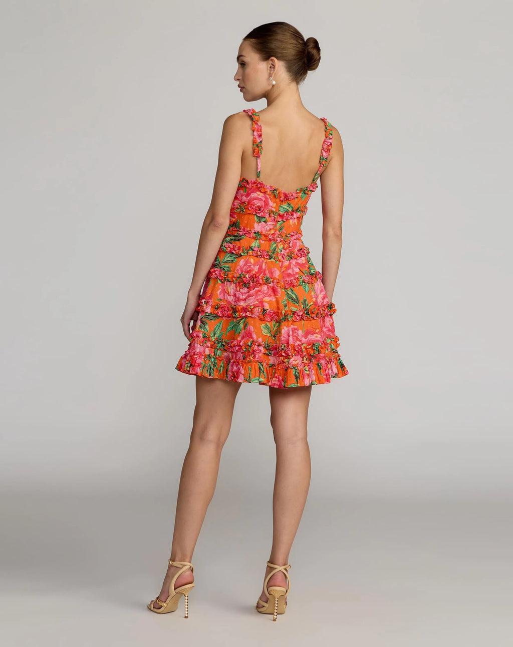 Orange Multi Floral Square Neck Ruffled Cotton Mini Dress