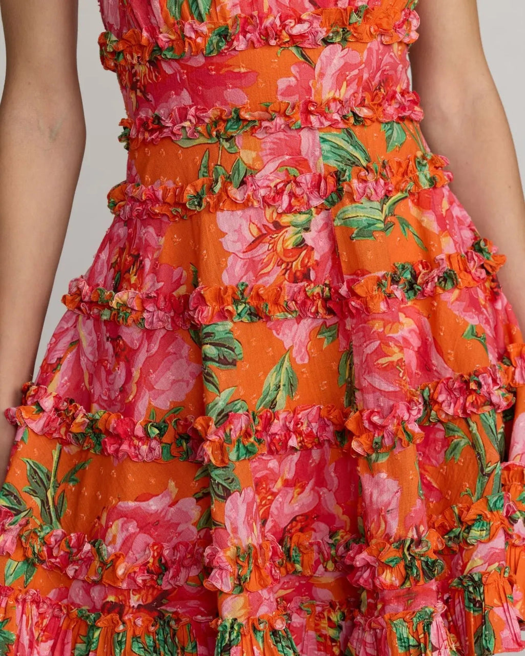 Orange Multi Floral Square Neck Ruffled Cotton Mini Dress