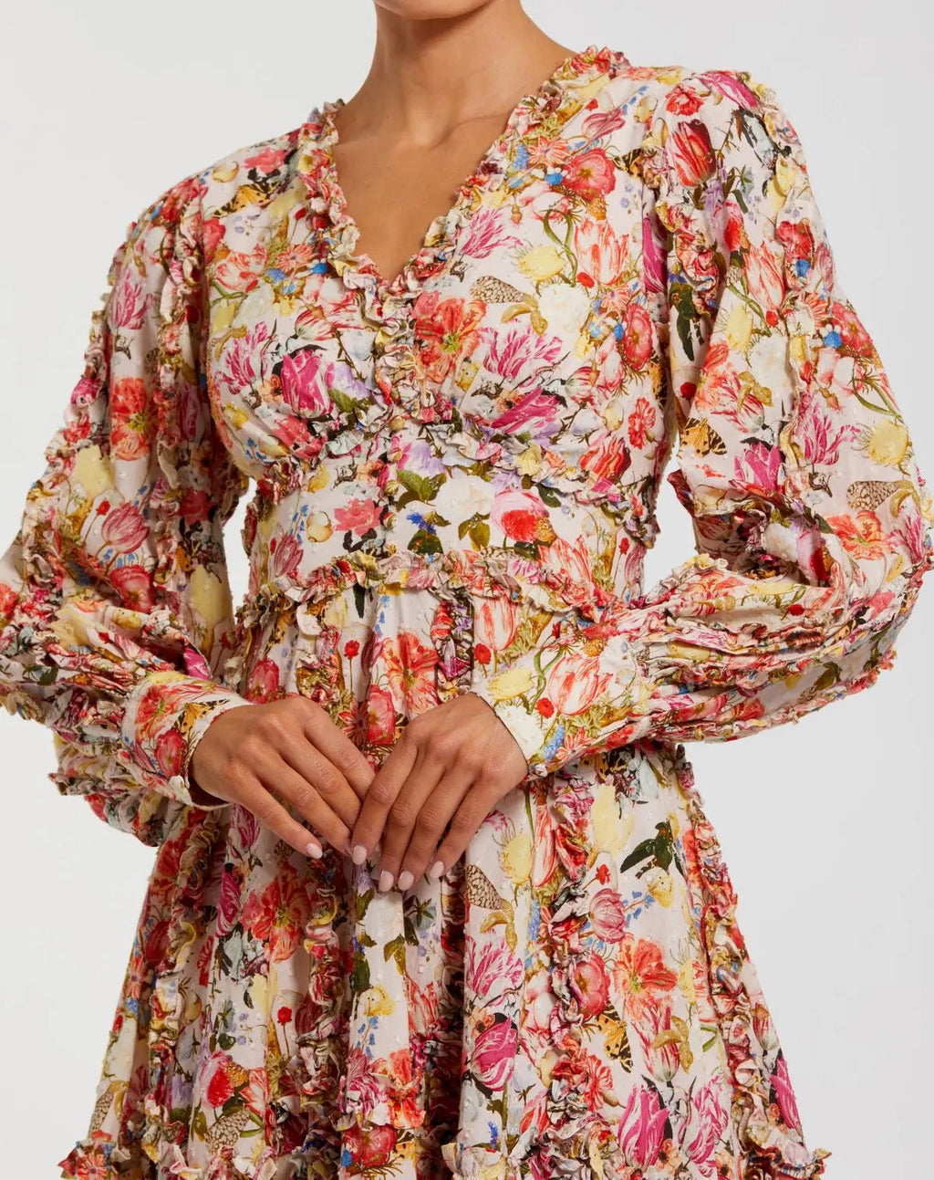 Multicolor Ruffle Floral V Neck Cotton Mini Dress