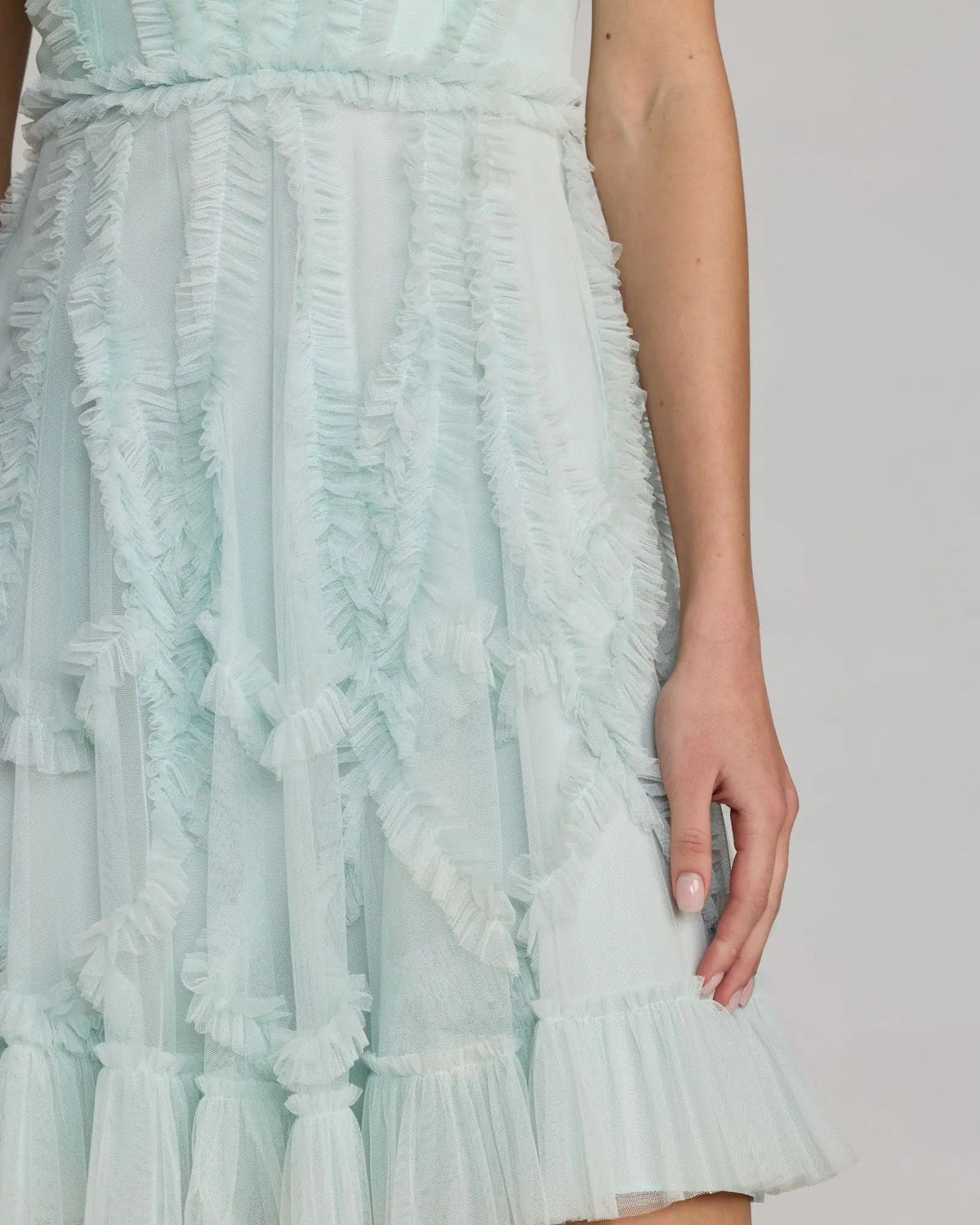 Aqua High Neck Sleeveless Micro Ruffle Mini Dress