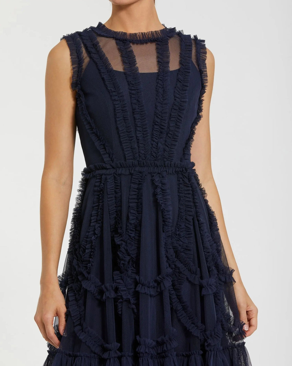 Navy High Neck Sleeveless Micro Ruffle Mini Dress