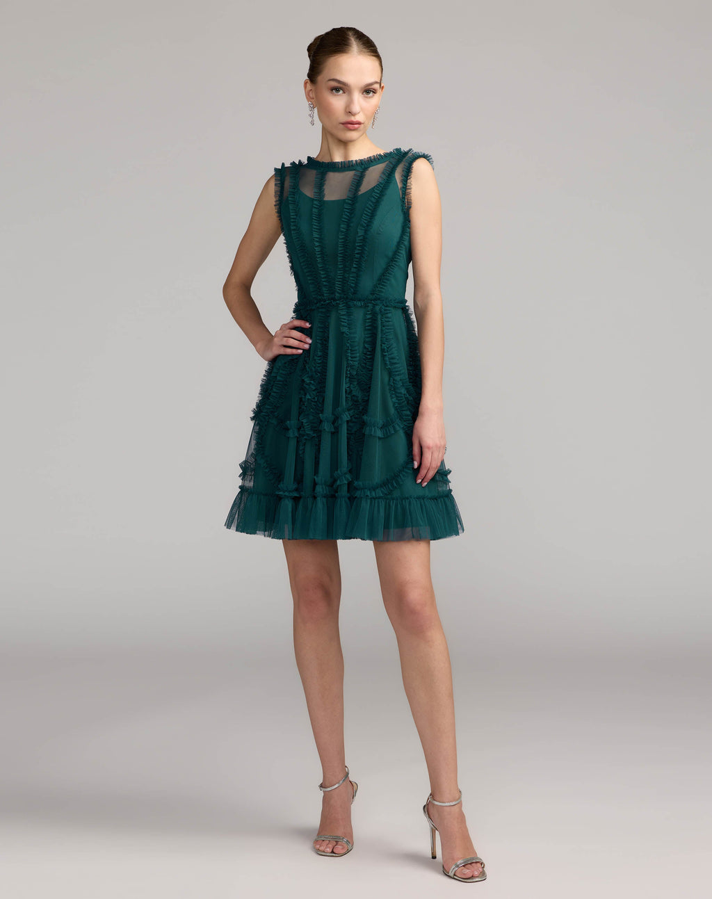 Teal High Neck Sleeveless Micro Ruffle Mini Dress