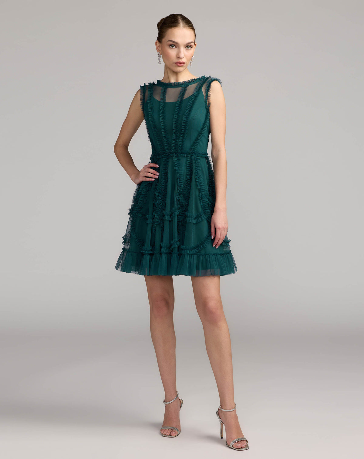 Teal High Neck Sleeveless Micro Ruffle Mini Dress
