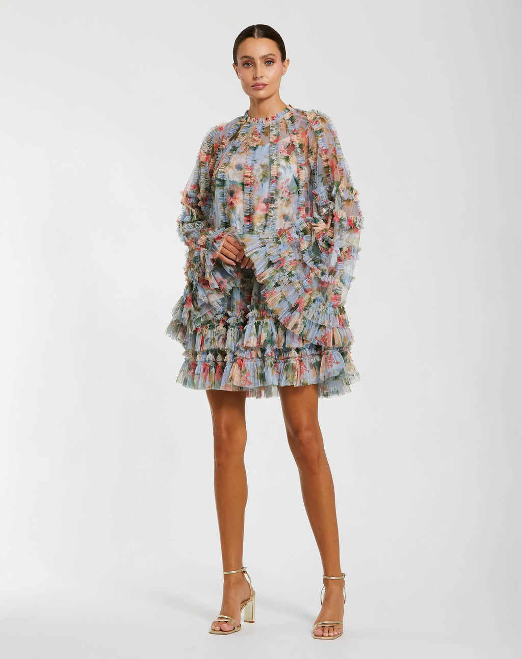Blue Multi Floral Print Ruffle Mesh Mini Dress