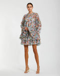 Blue Multi Floral Print Ruffle Mesh Mini Dress