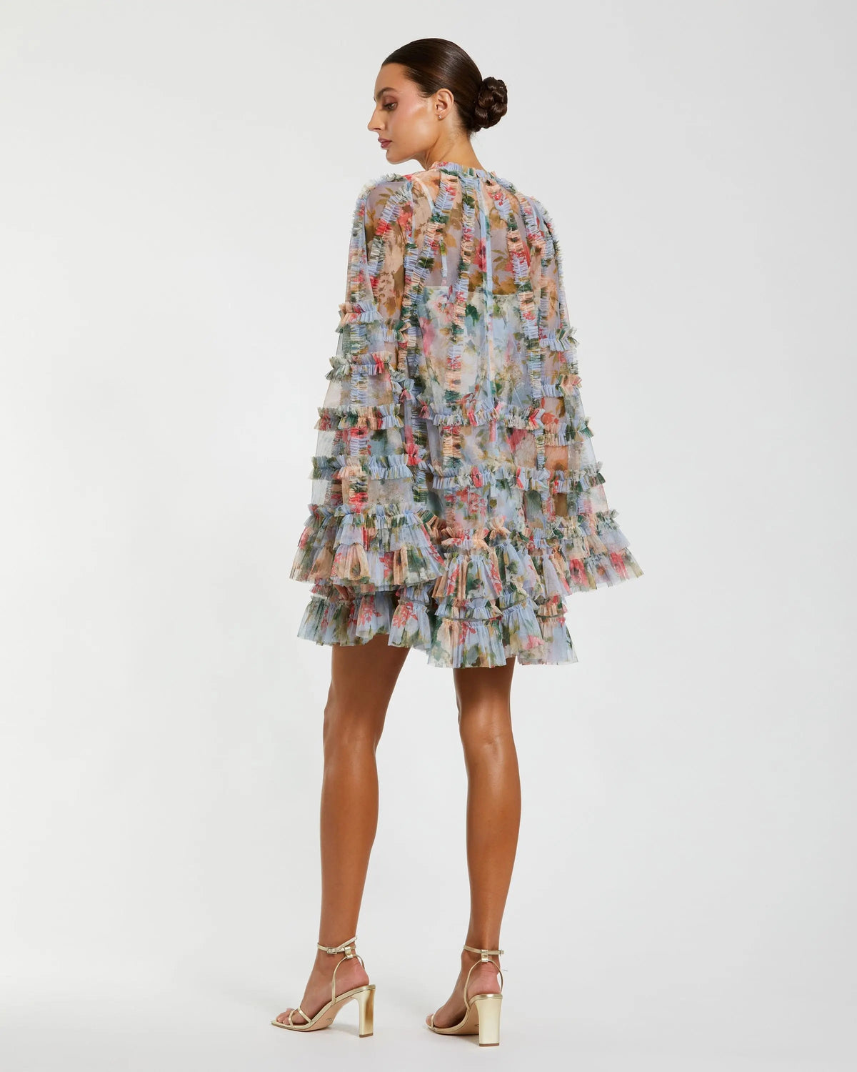 Blue Multi Floral Print Ruffle Mesh Mini Dress