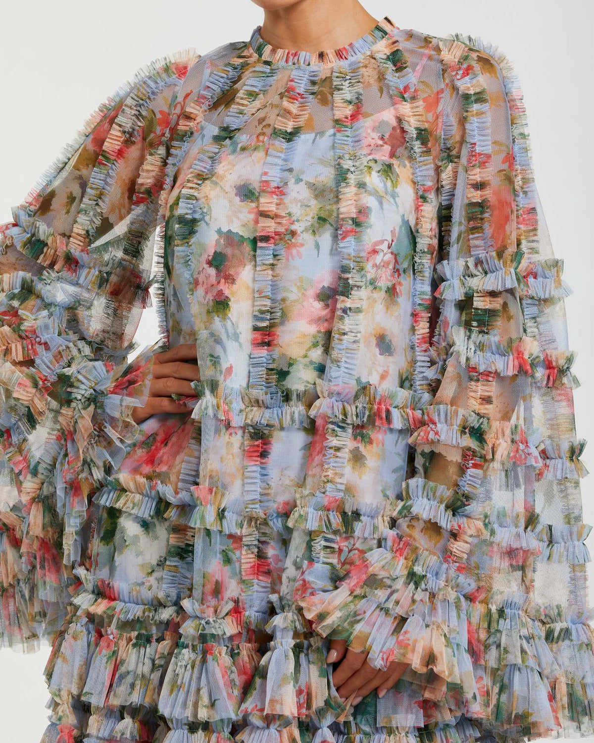Blue Multi Floral Print Ruffle Mesh Mini Dress