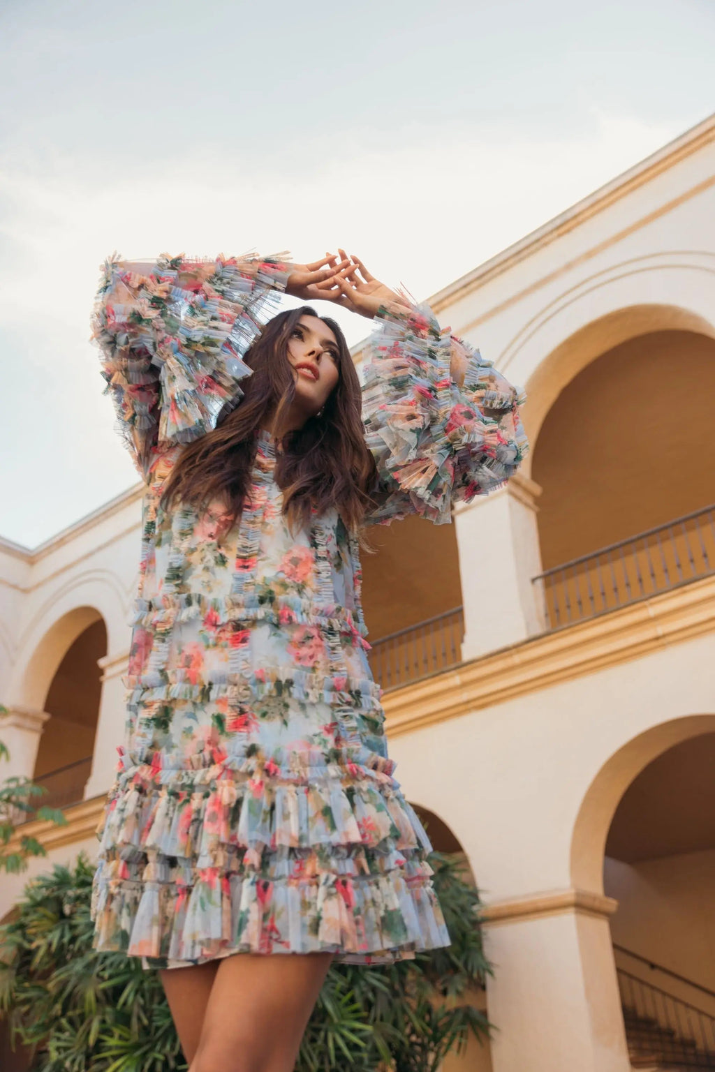 Blue Multi Floral Print Ruffle Mesh Mini Dress