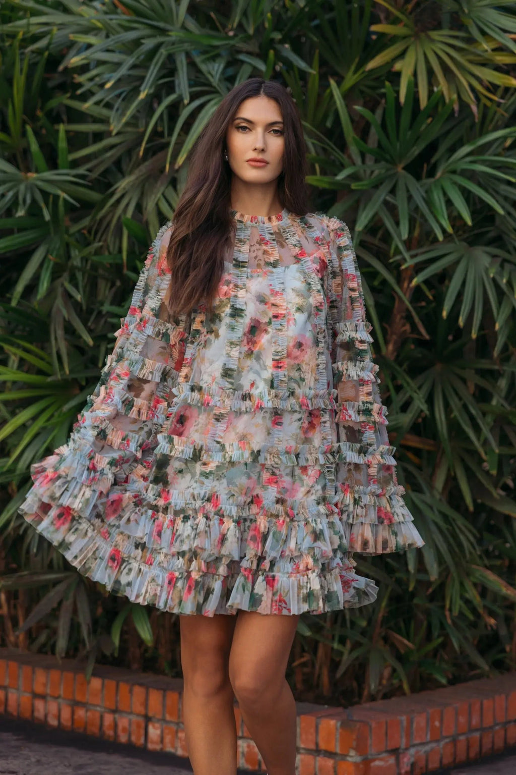 Blue Multi Floral Print Ruffle Mesh Mini Dress