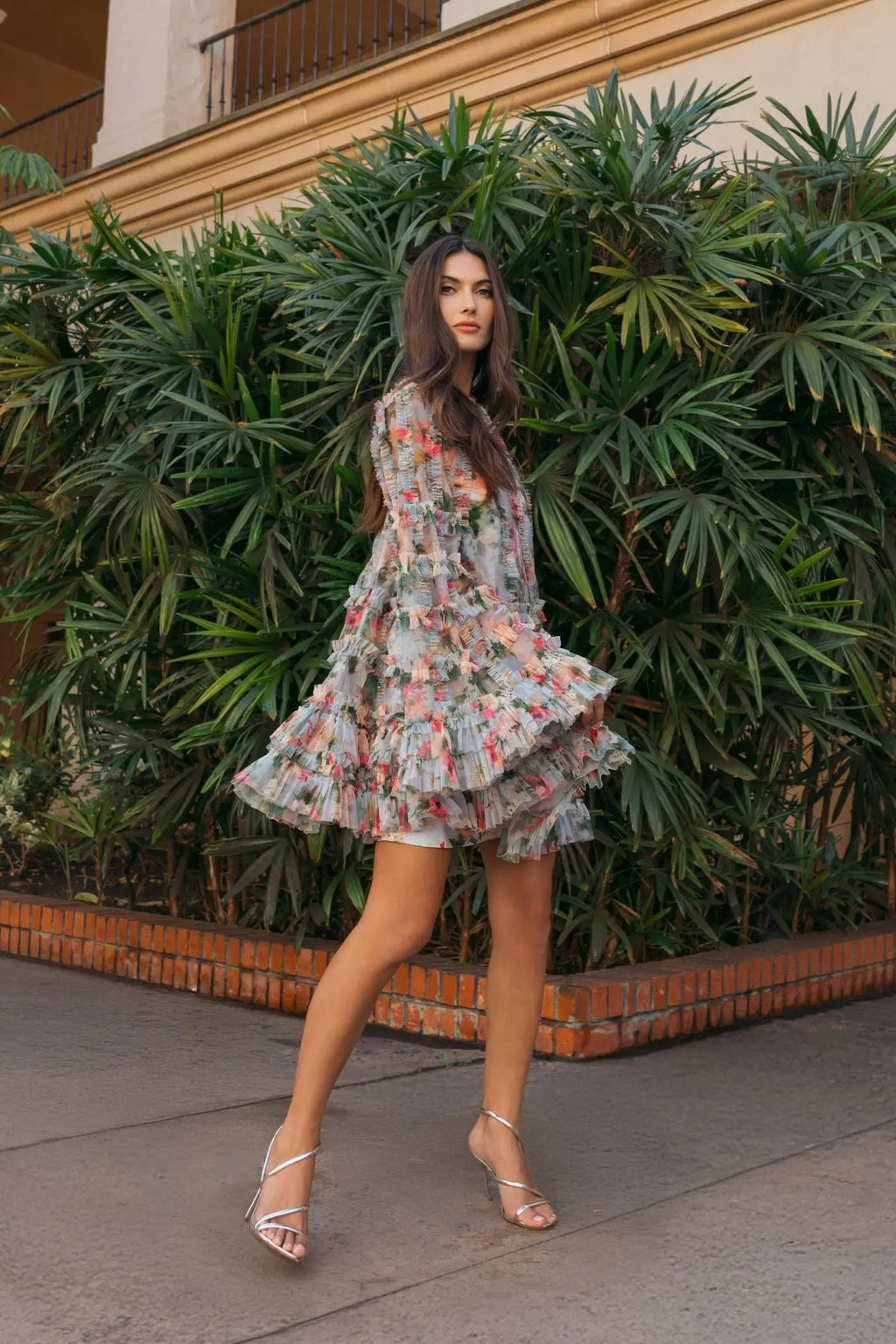 Blue Multi Floral Print Ruffle Mesh Mini Dress