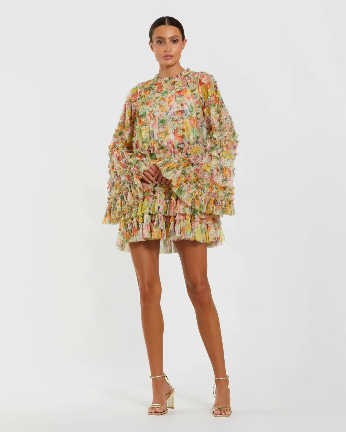Ivory Multi Floral Print Ruffle Mesh Mini Dress