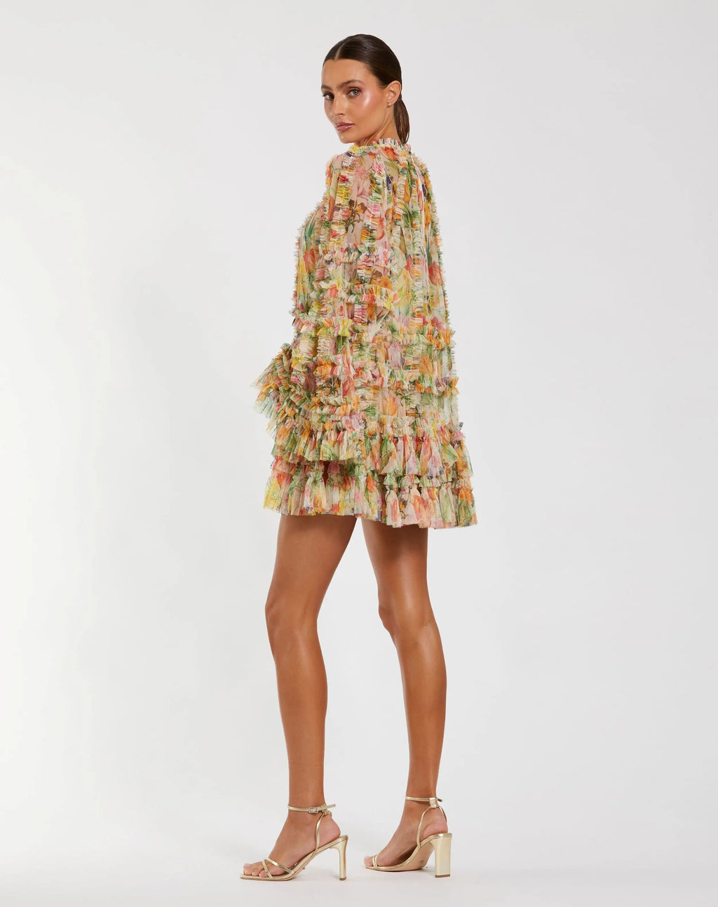 Ivory Multi Floral Print Ruffle Mesh Mini Dress