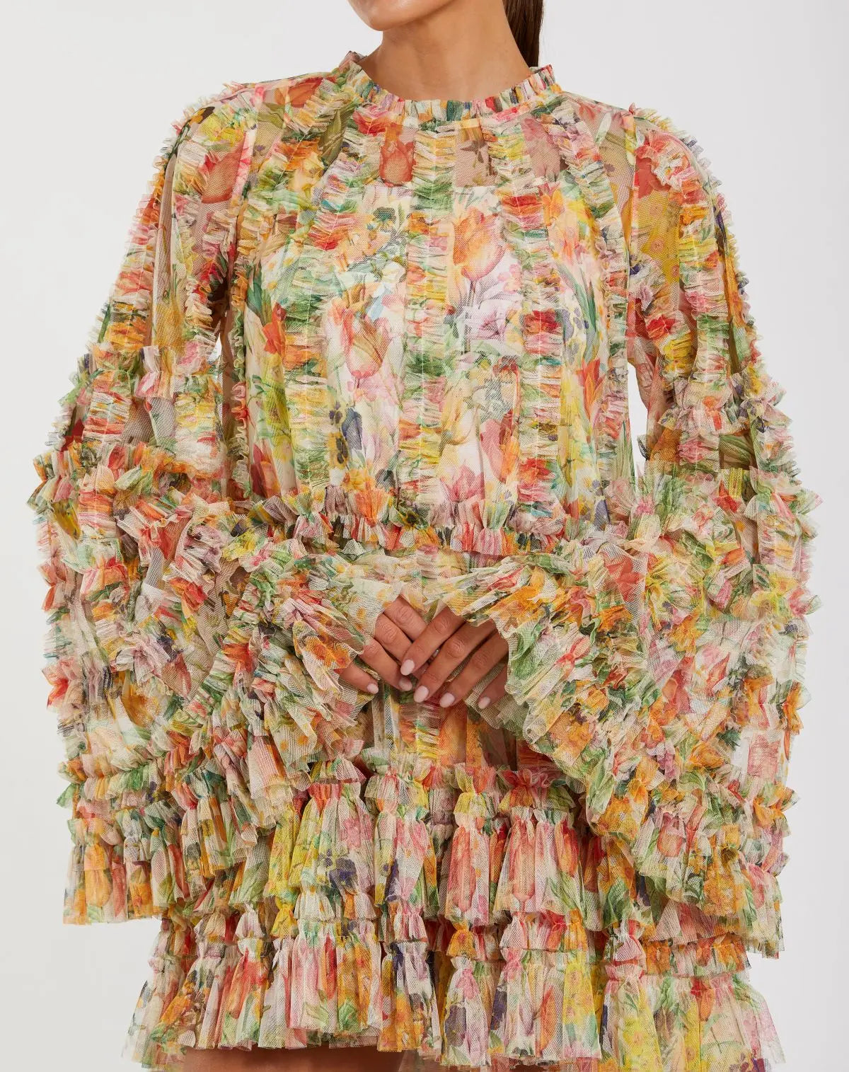 Ivory Multi Floral Print Ruffle Mesh Mini Dress