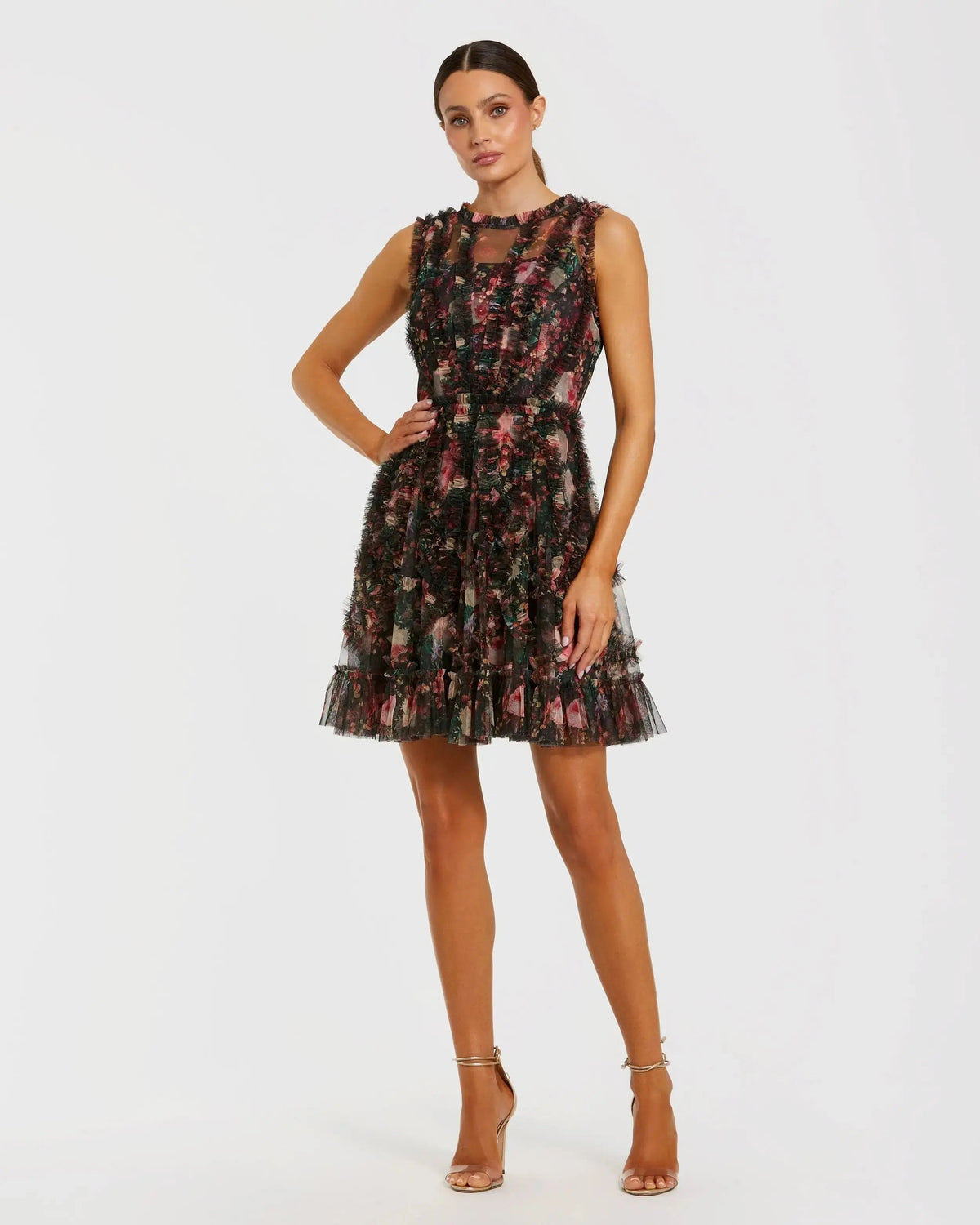 Black Multi Micro Ruffle Floral A-Line Mini Dress