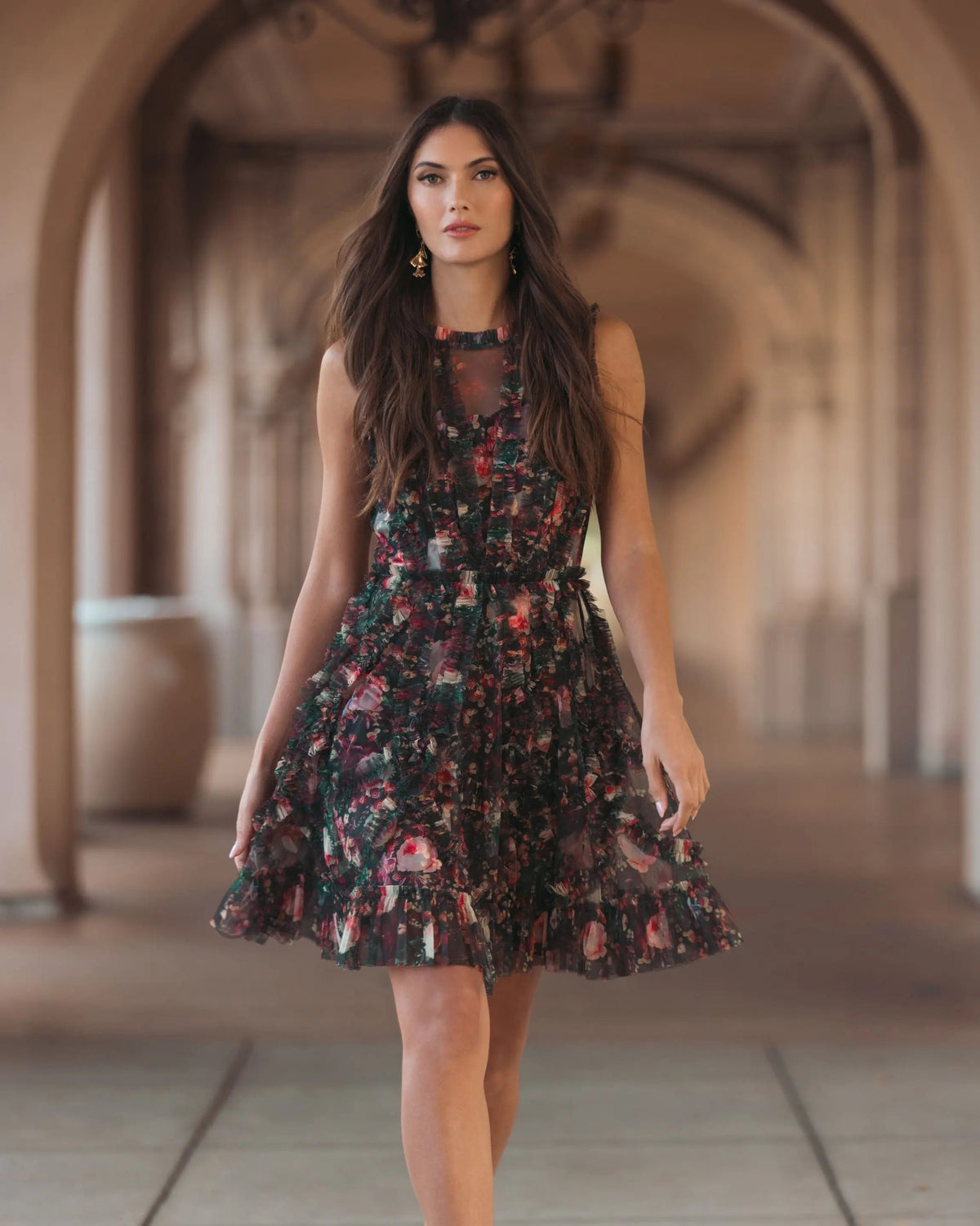 Black Multi Micro Ruffle Floral A-Line Mini Dress