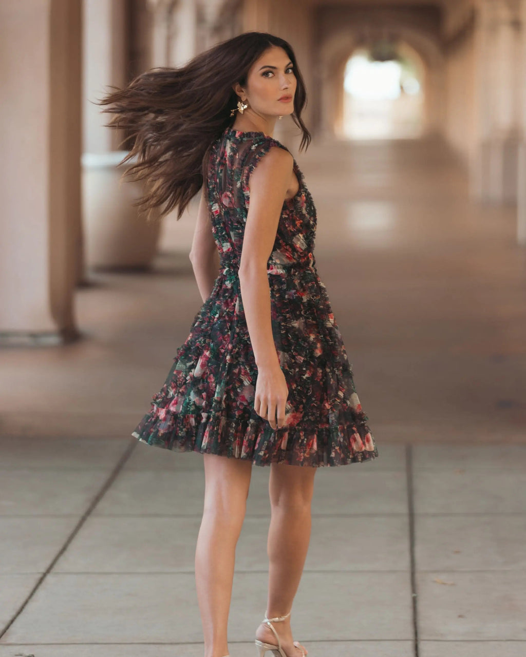 Black Multi Micro Ruffle Floral A-Line Mini Dress