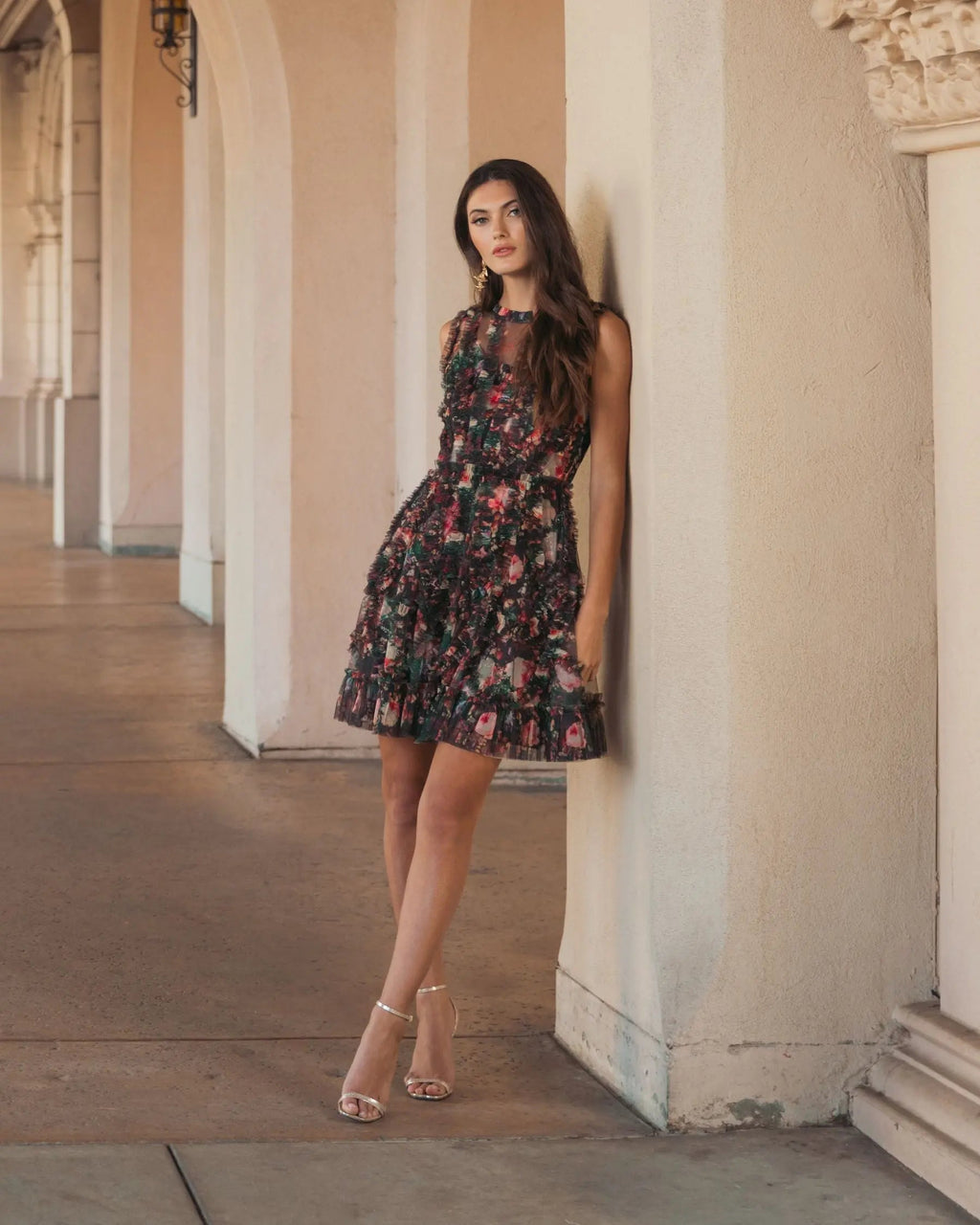 Black Multi Micro Ruffle Floral A-Line Mini Dress