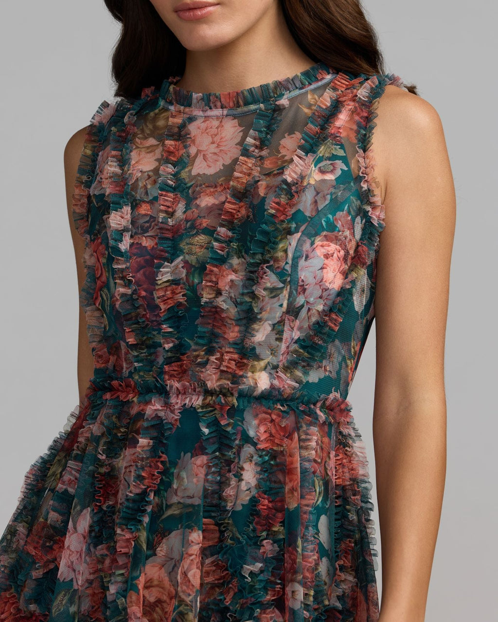Teal Multi Ruffle Floral A-Line Mini Dress
