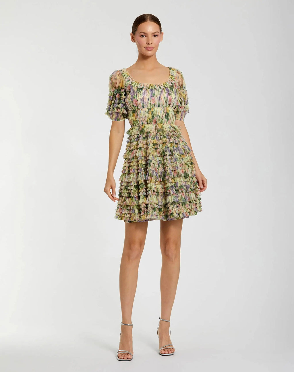 Yellow Multi Floral Puff Sleeve Ruffle Mini Dress