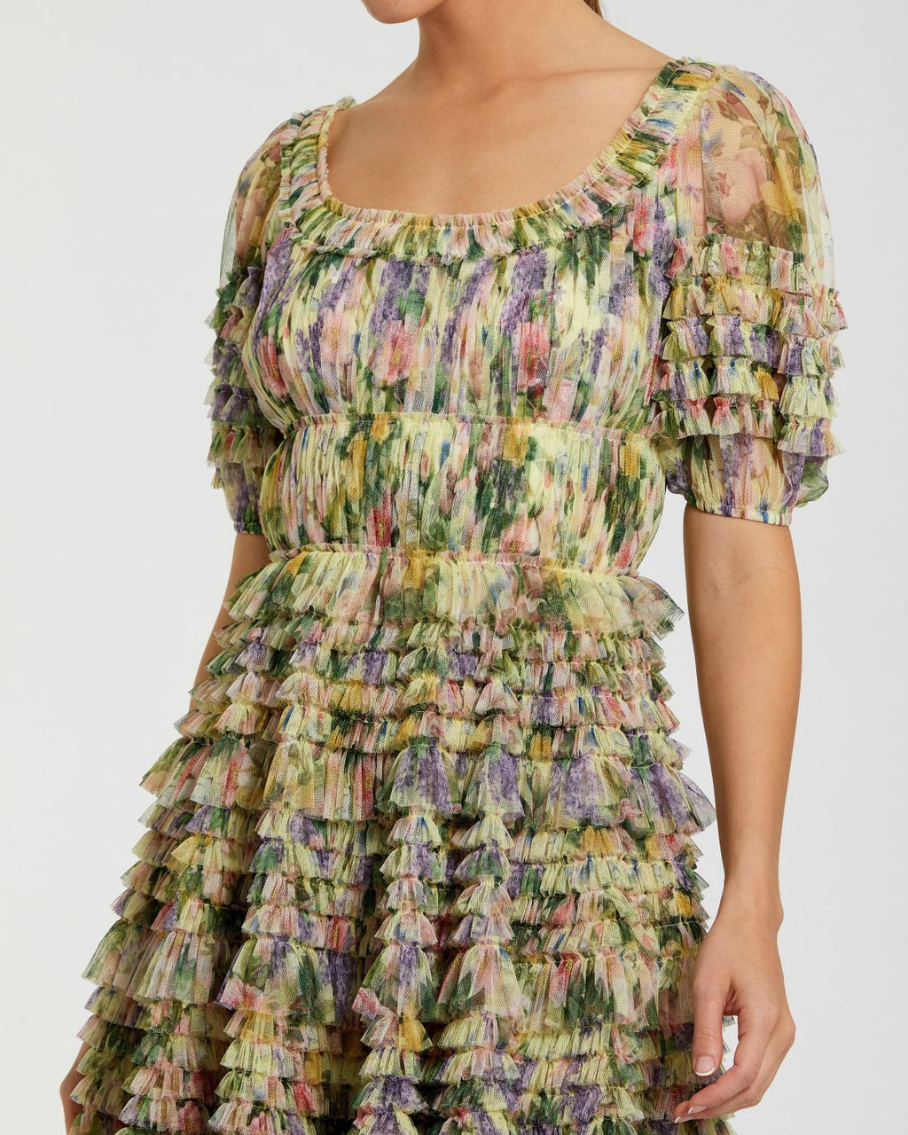 Yellow Multi Floral Puff Sleeve Ruffle Mini Dress