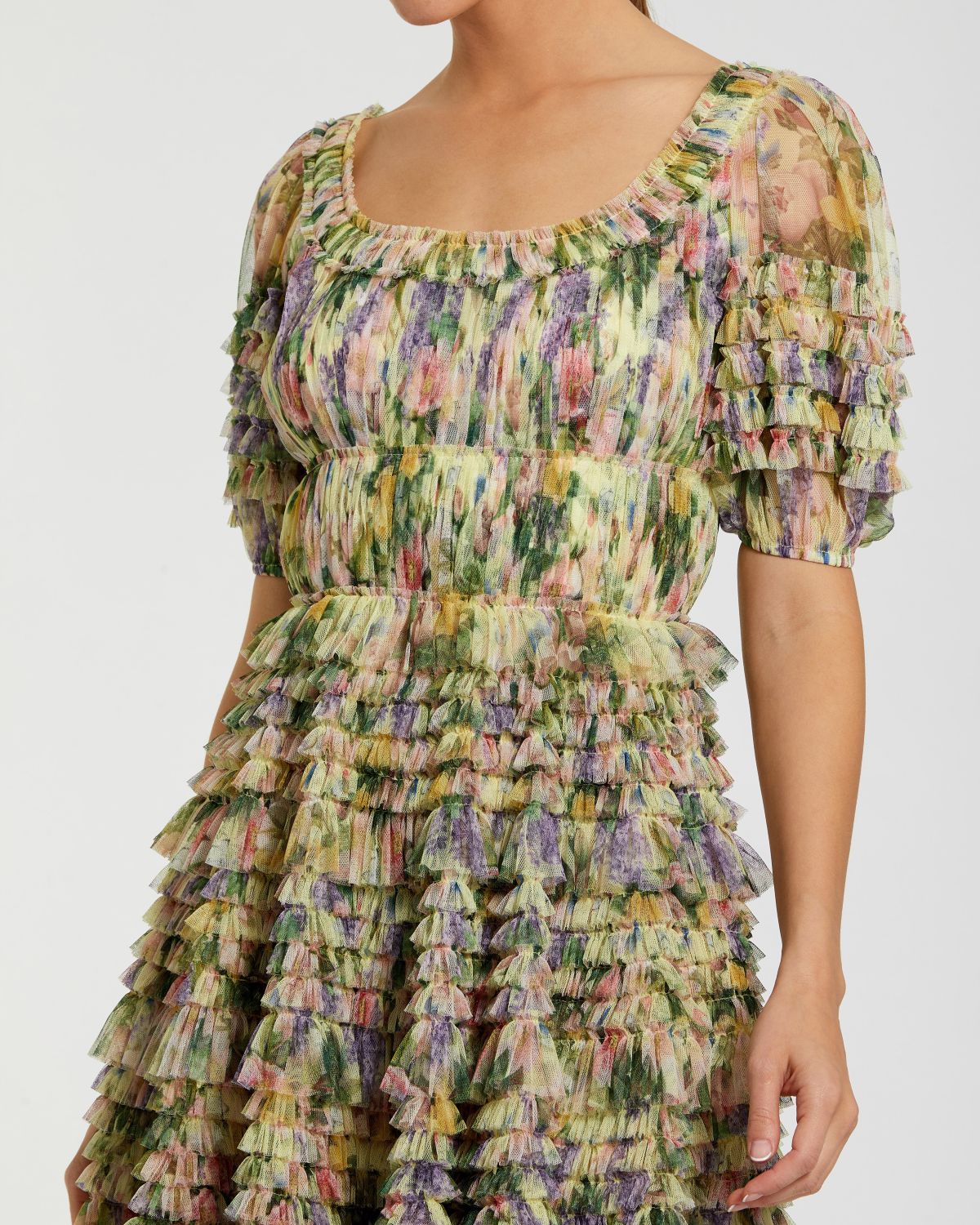 Yellow Multi Floral Puff Sleeve Ruffle Mini Dress