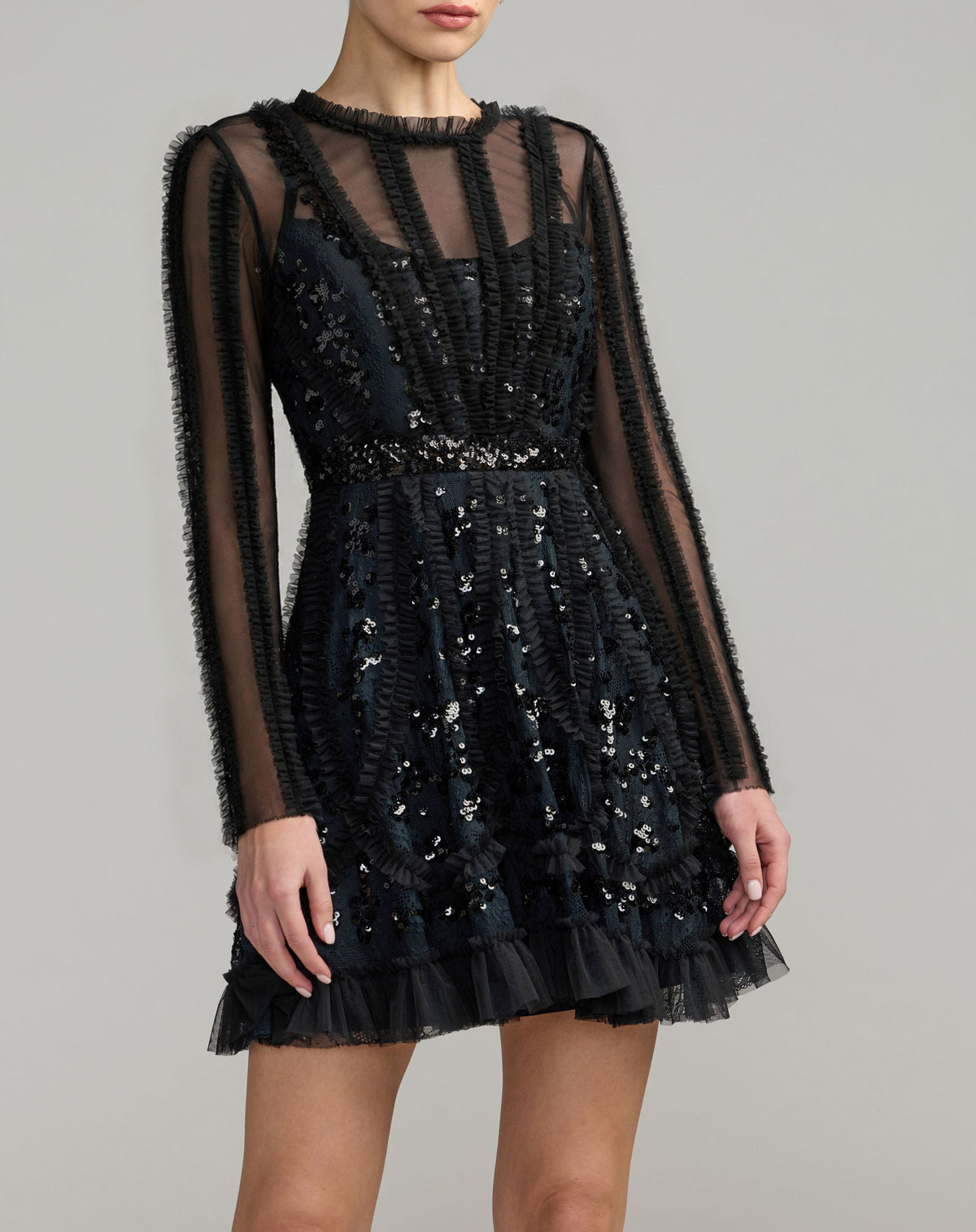 Black Nude Long Sleeve Sequin Ruffle Mini Dress