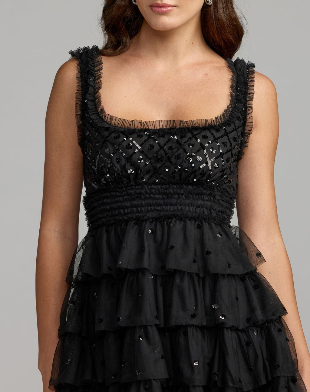 Black Sleeveless Sequin Tiered Ruffle Mini Dress