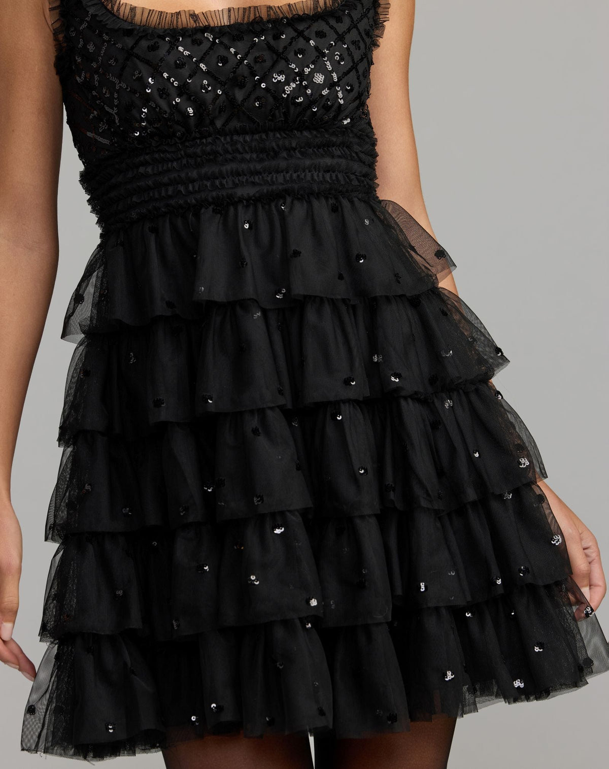 Black Sleeveless Sequin Tiered Ruffle Mini Dress