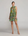 Green Multi Printed Sleeveless High Neck Ruffle Mini Dress