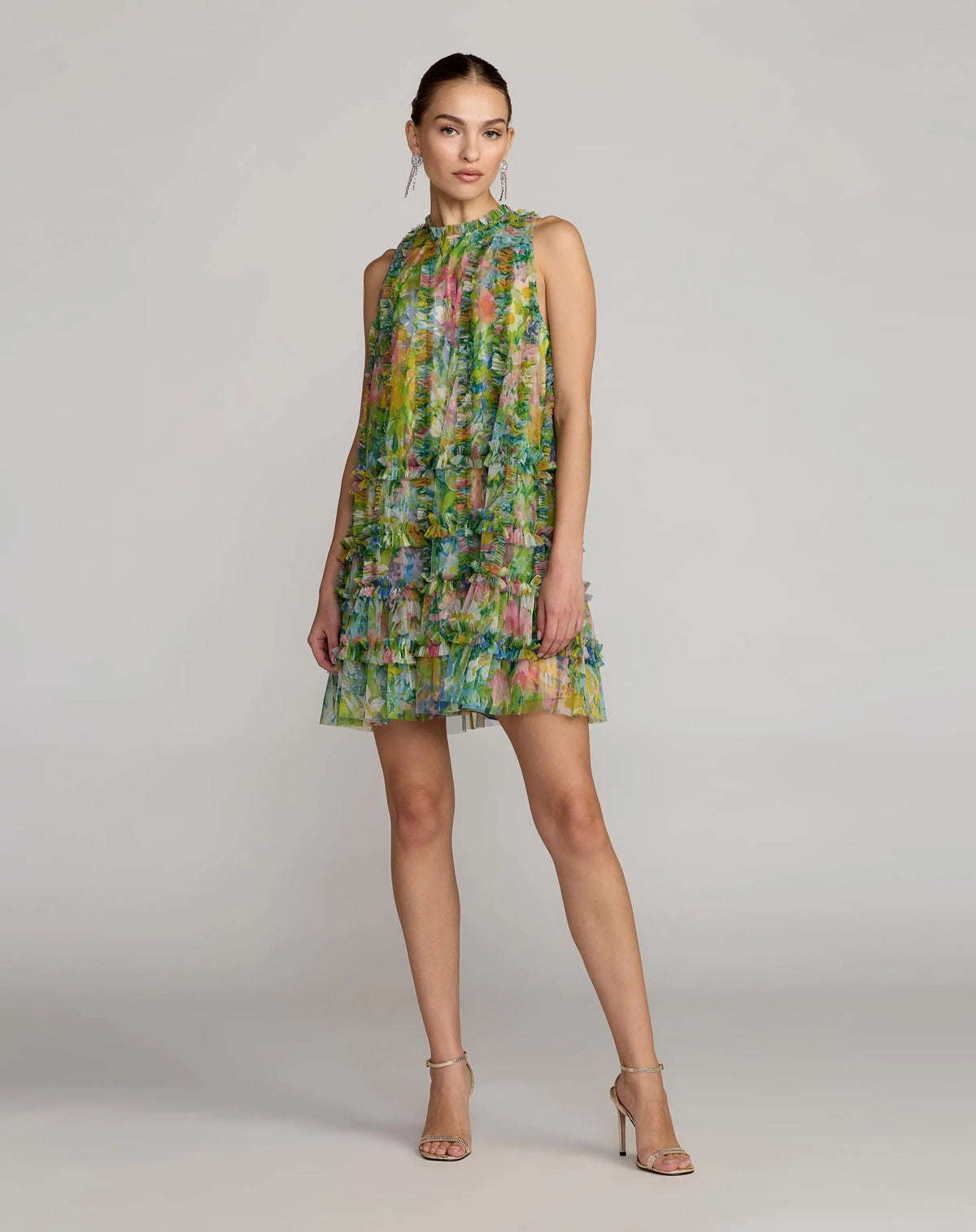 Green Multi Printed Sleeveless High Neck Ruffle Mini Dress