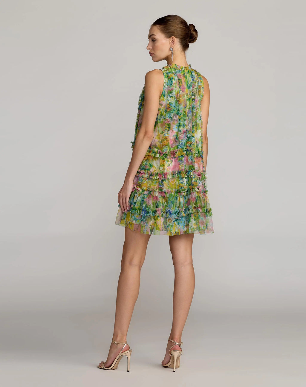 Green Multi Printed Sleeveless High Neck Ruffle Mini Dress