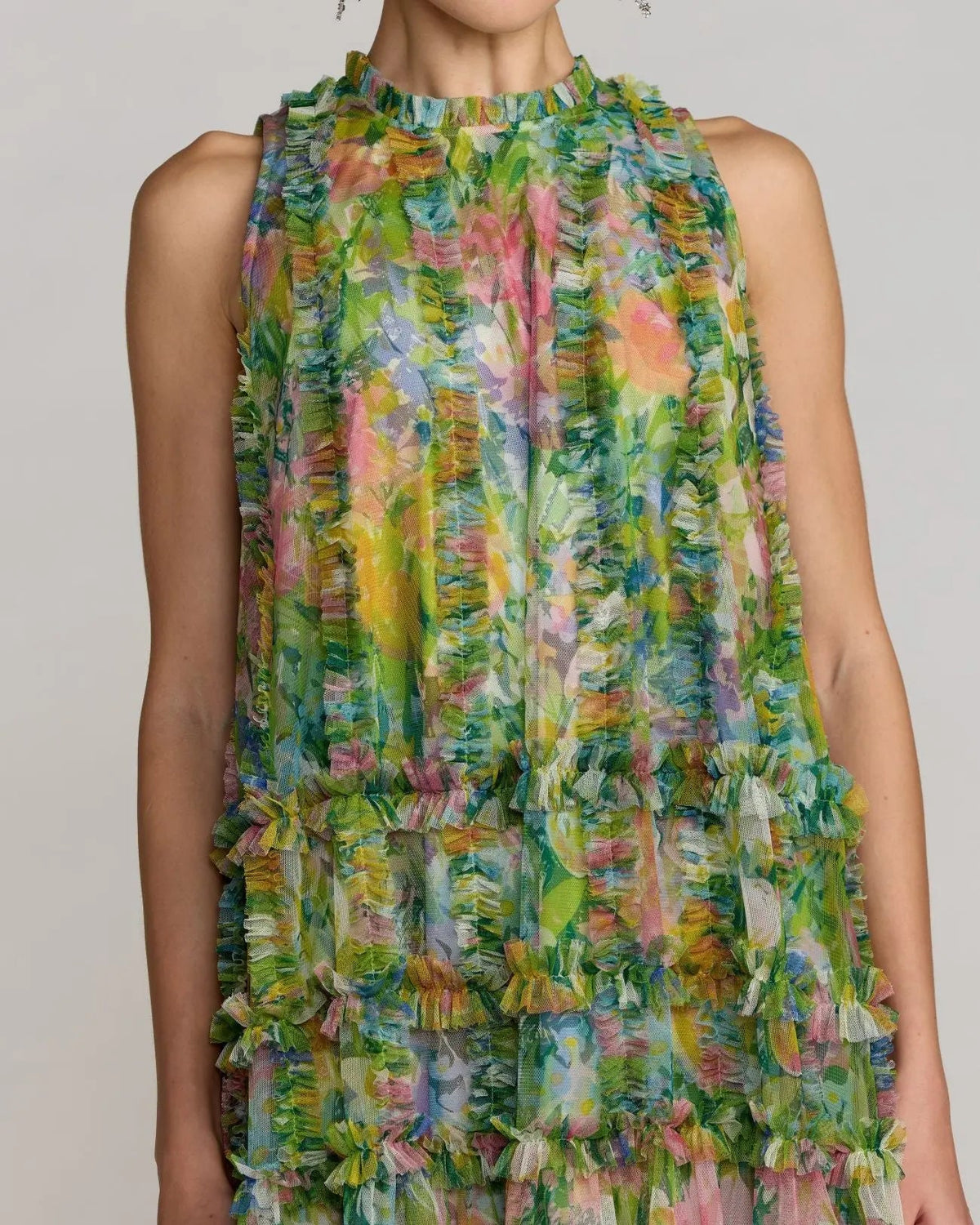 Green Multi Printed Sleeveless High Neck Ruffle Mini Dress