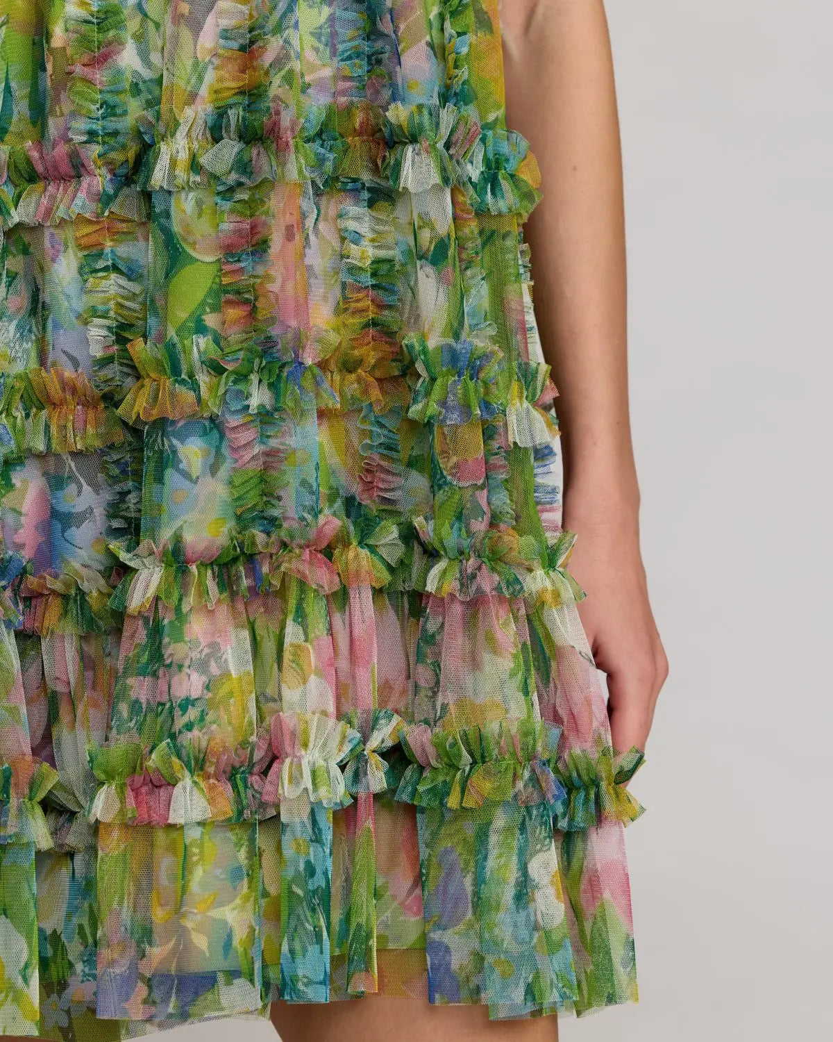 Green Multi Printed Sleeveless High Neck Ruffle Mini Dress