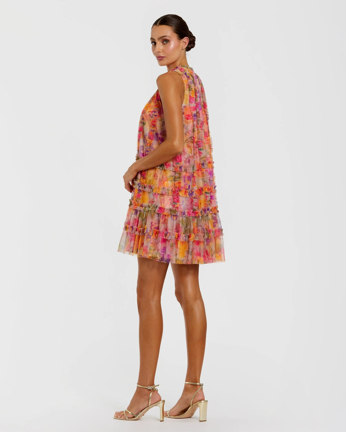 Multi Printed Sleeveless High Neck Ruffle Mini Dress