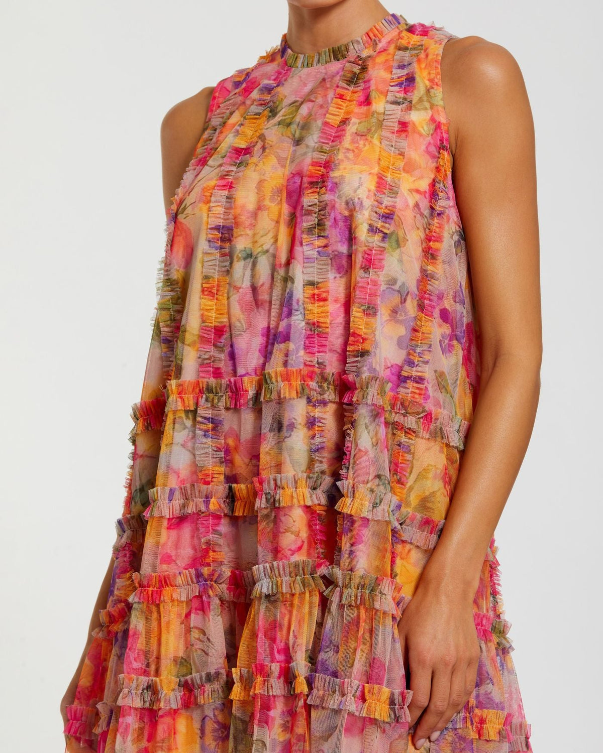 Multi Printed Sleeveless High Neck Ruffle Mini Dress