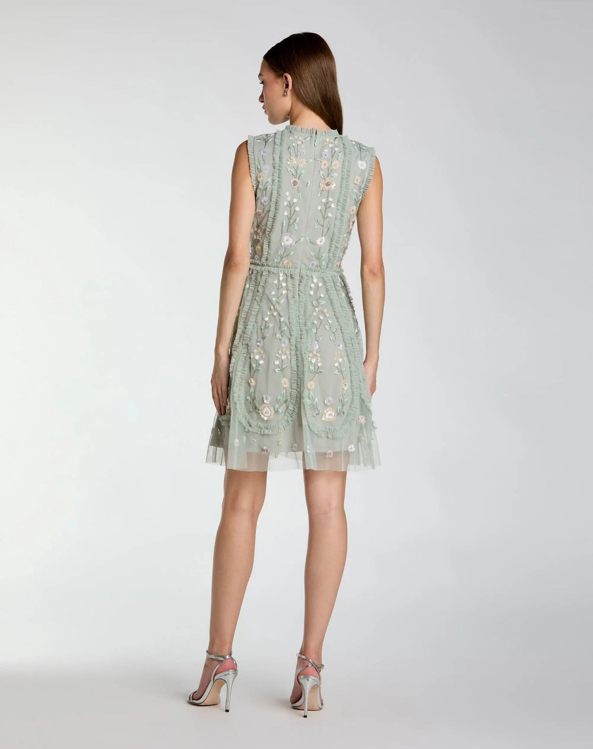 Green Sleeveless High Neck Embroidered Mini Dress
